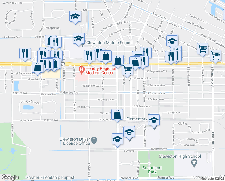 map of restaurants, bars, coffee shops, grocery stores, and more near 315 West Alverdez Avenue in Clewiston
