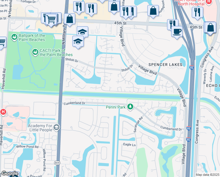 map of restaurants, bars, coffee shops, grocery stores, and more near 23rd Way in West Palm Beach
