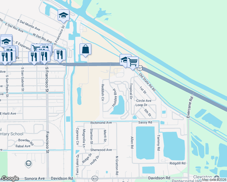 map of restaurants, bars, coffee shops, grocery stores, and more near 334 Holiday Boulevard in Clewiston