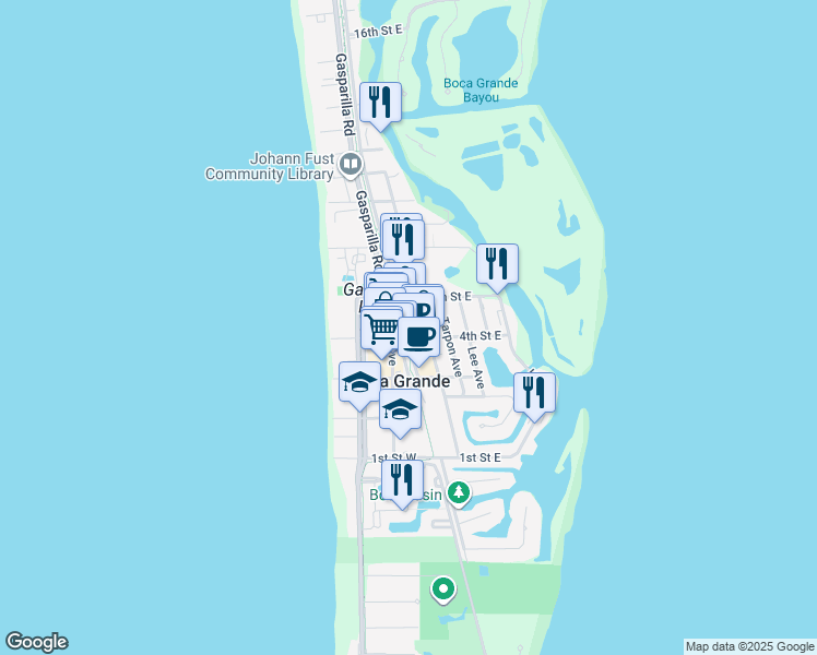 map of restaurants, bars, coffee shops, grocery stores, and more near 430 East Railroad Avenue in Boca Grande