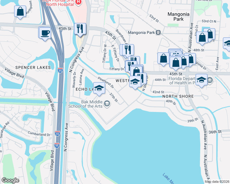 map of restaurants, bars, coffee shops, grocery stores, and more near 1807 Pinehurst Drive in West Palm Beach
