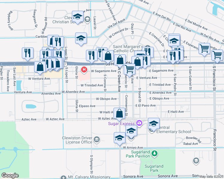 map of restaurants, bars, coffee shops, grocery stores, and more near 315 West Alverdez Avenue in Clewiston