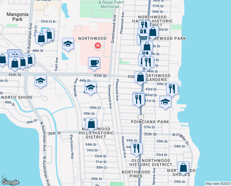 map of restaurants, bars, coffee shops, grocery stores, and more near 741 42nd Street in West Palm Beach