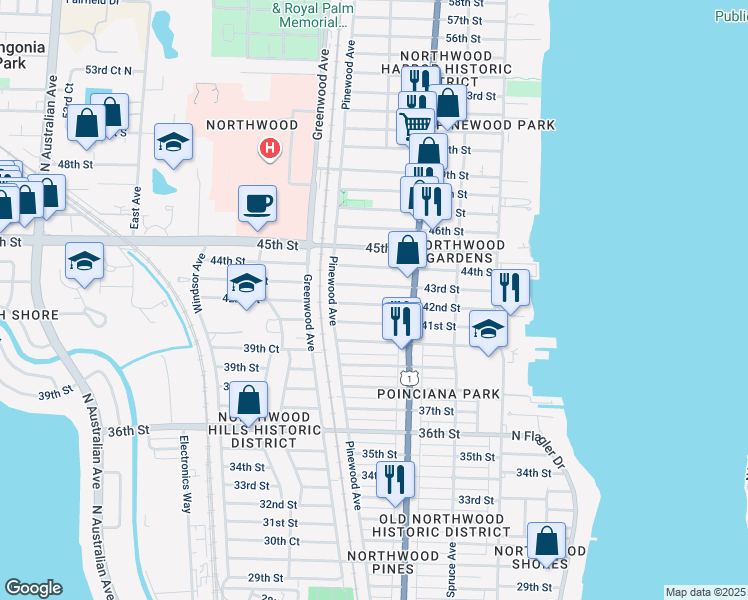 map of restaurants, bars, coffee shops, grocery stores, and more near 703 42nd Street in West Palm Beach