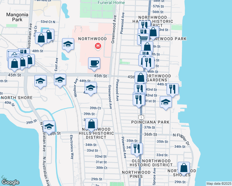 map of restaurants, bars, coffee shops, grocery stores, and more near 4301 Pinewood Avenue in West Palm Beach