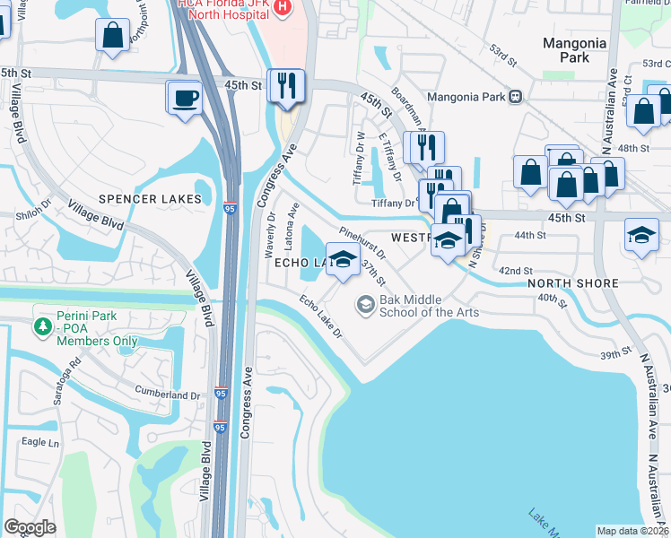 map of restaurants, bars, coffee shops, grocery stores, and more near 4125 Haden Avenue in West Palm Beach