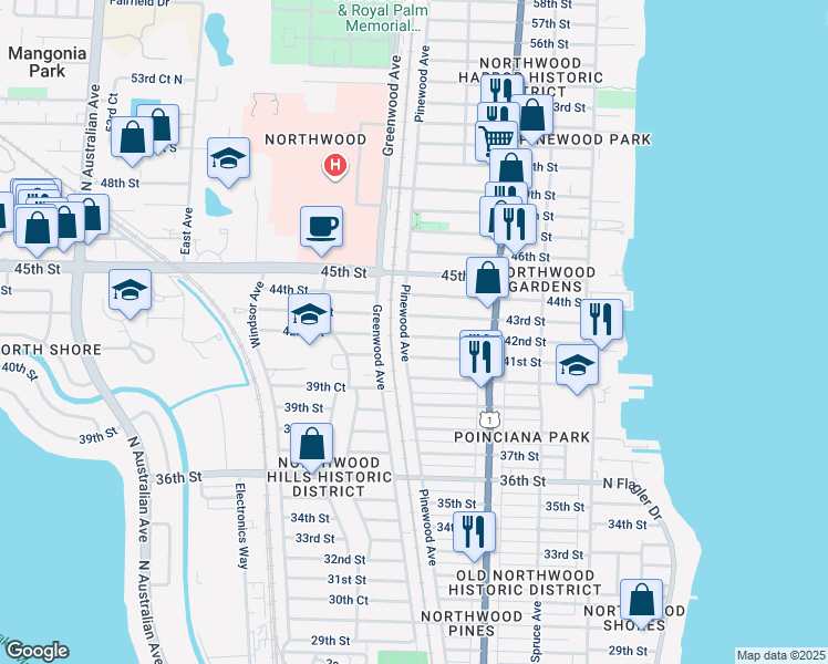 map of restaurants, bars, coffee shops, grocery stores, and more near 741 42nd Street in West Palm Beach