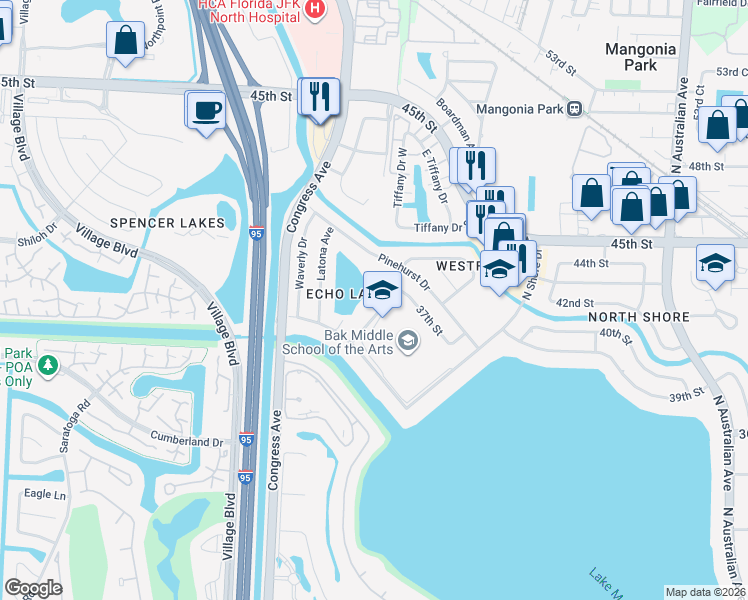 map of restaurants, bars, coffee shops, grocery stores, and more near 4125 Haden Avenue in West Palm Beach