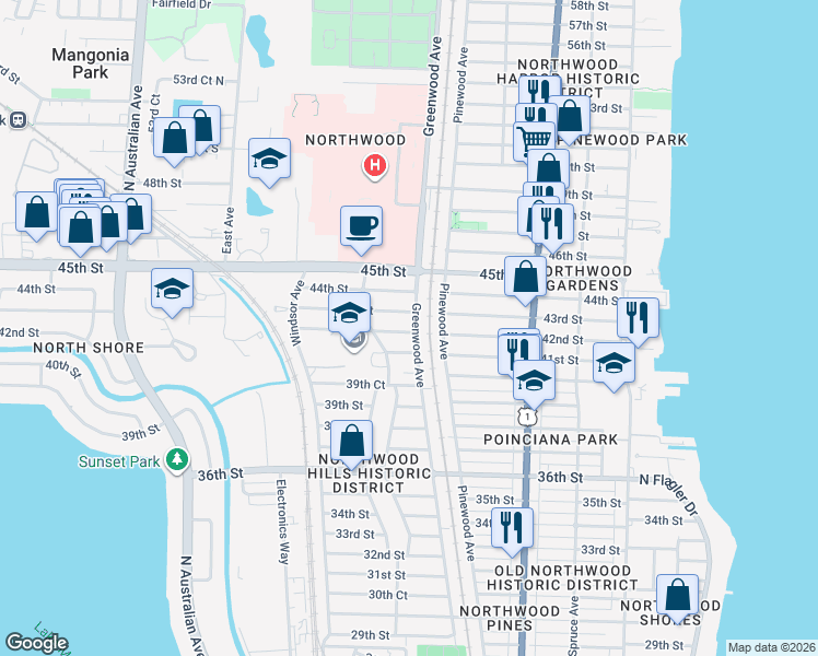 map of restaurants, bars, coffee shops, grocery stores, and more near 4301 Greenwood Avenue in West Palm Beach