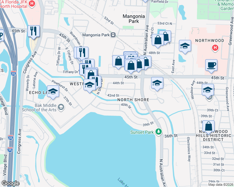 map of restaurants, bars, coffee shops, grocery stores, and more near 1621 42nd Street in West Palm Beach