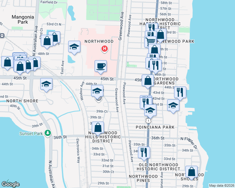 map of restaurants, bars, coffee shops, grocery stores, and more near 4301 Greenwood Avenue in West Palm Beach