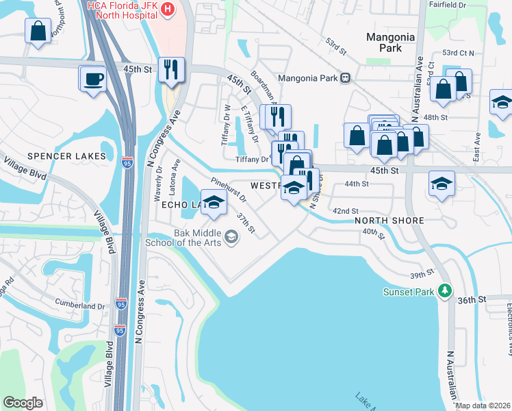 map of restaurants, bars, coffee shops, grocery stores, and more near 1807 Pinehurst Drive in West Palm Beach