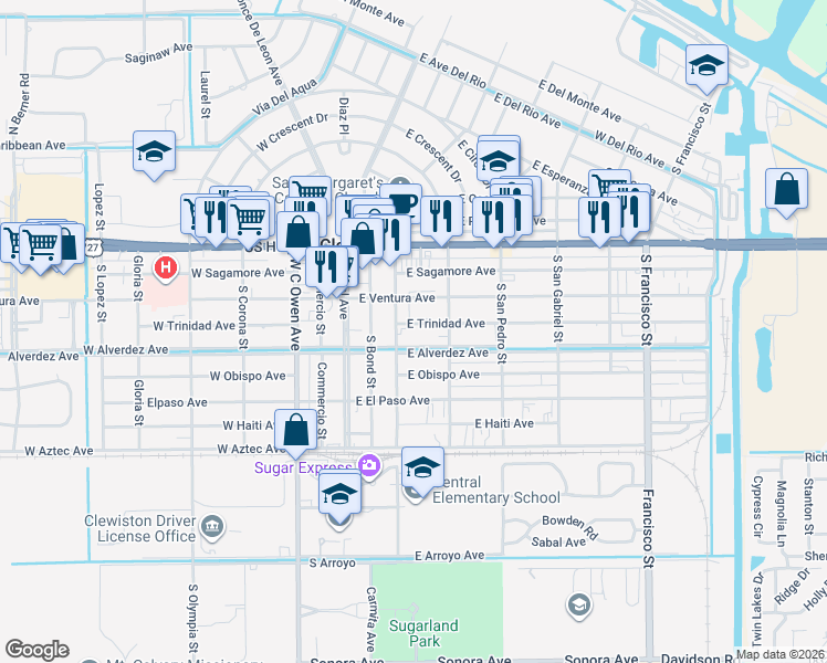 map of restaurants, bars, coffee shops, grocery stores, and more near 329 East Alverdez Avenue in Clewiston