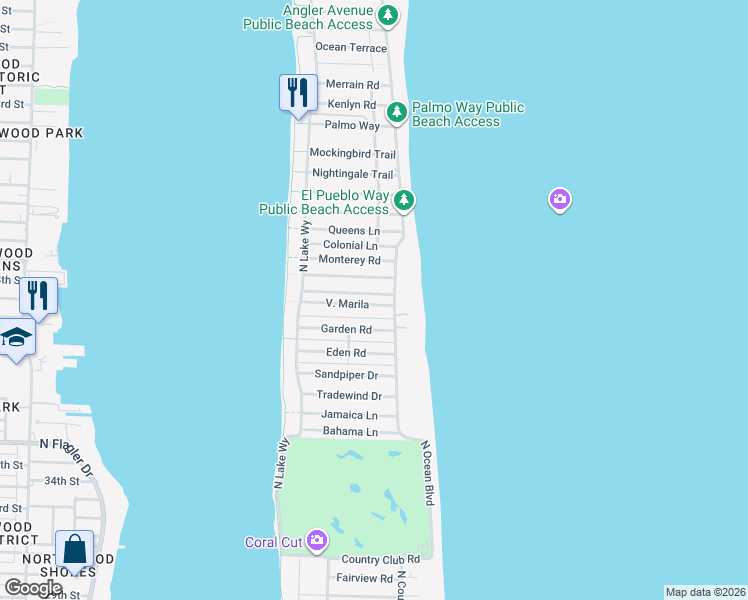 map of restaurants, bars, coffee shops, grocery stores, and more near 1060 North Ocean Boulevard in Palm Beach