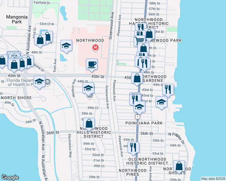 map of restaurants, bars, coffee shops, grocery stores, and more near 741 42nd Street in West Palm Beach
