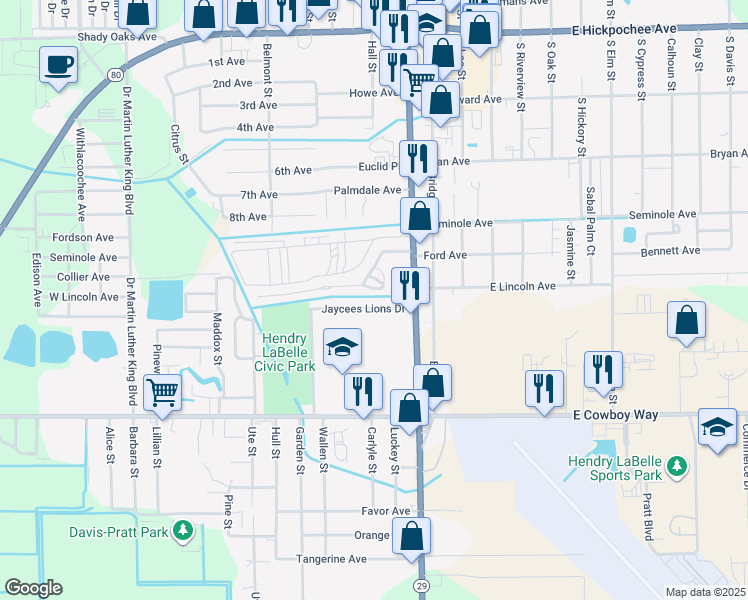 map of restaurants, bars, coffee shops, grocery stores, and more near 100 Jaycees Lions Drive in LaBelle