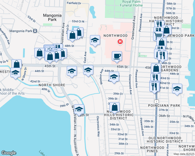 map of restaurants, bars, coffee shops, grocery stores, and more near 972 42nd Street in West Palm Beach