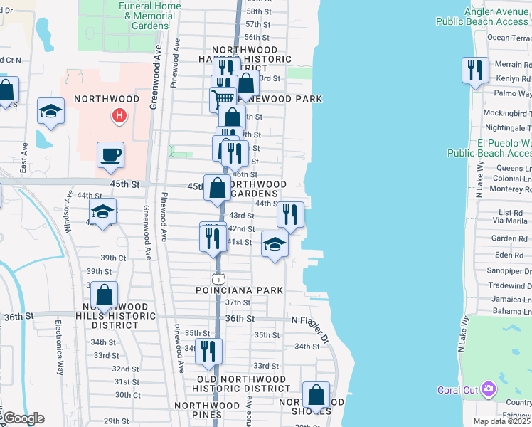 map of restaurants, bars, coffee shops, grocery stores, and more near 418 43rd Street in West Palm Beach