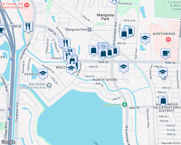 map of restaurants, bars, coffee shops, grocery stores, and more near 1621 42nd Street in West Palm Beach