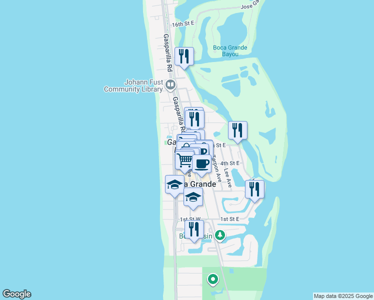 map of restaurants, bars, coffee shops, grocery stores, and more near 430 East Railroad Avenue in Boca Grande