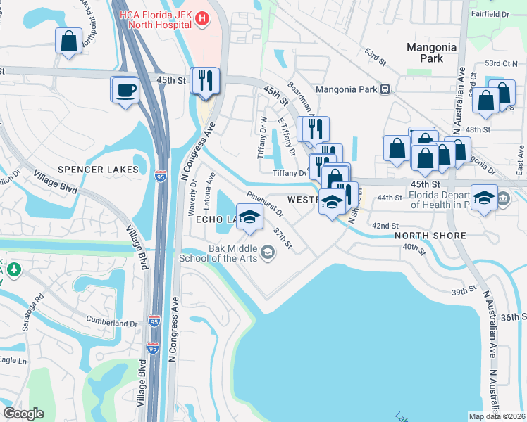 map of restaurants, bars, coffee shops, grocery stores, and more near 1900 37th Street in West Palm Beach