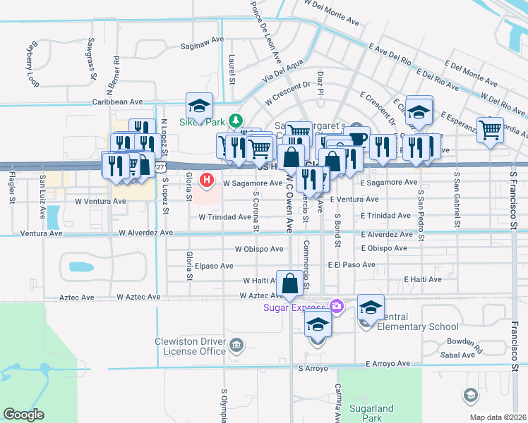 map of restaurants, bars, coffee shops, grocery stores, and more near 315 West Alverdez Avenue in Clewiston