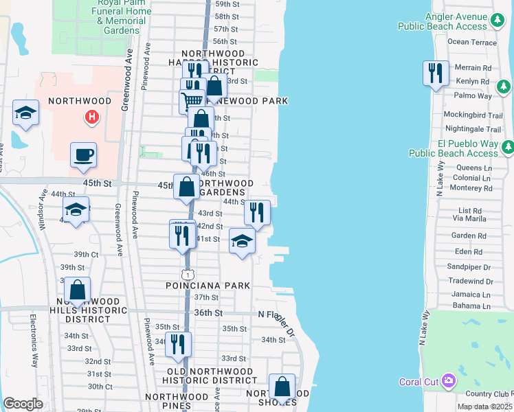 map of restaurants, bars, coffee shops, grocery stores, and more near 4444 North Flagler Drive in West Palm Beach