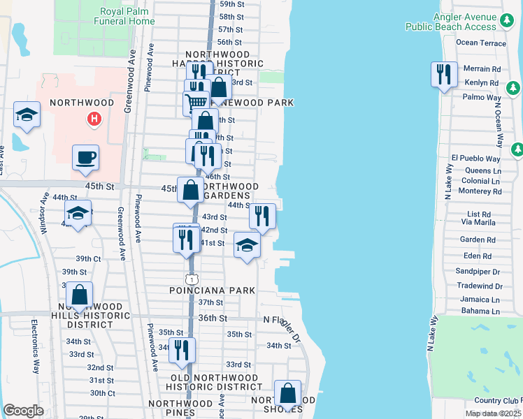 map of restaurants, bars, coffee shops, grocery stores, and more near in West Palm Beach