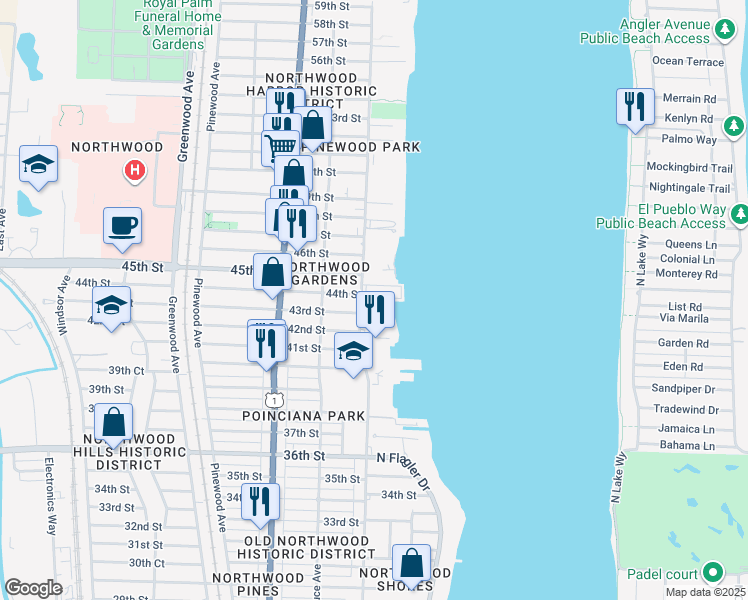 map of restaurants, bars, coffee shops, grocery stores, and more near 4444 North Flagler Drive in West Palm Beach