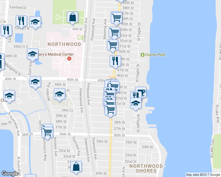 map of restaurants, bars, coffee shops, grocery stores, and more near 4415 Broadway in West Palm Beach