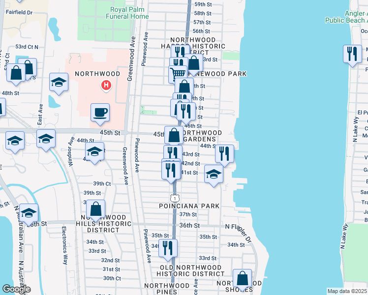 map of restaurants, bars, coffee shops, grocery stores, and more near 513 44th Street in West Palm Beach
