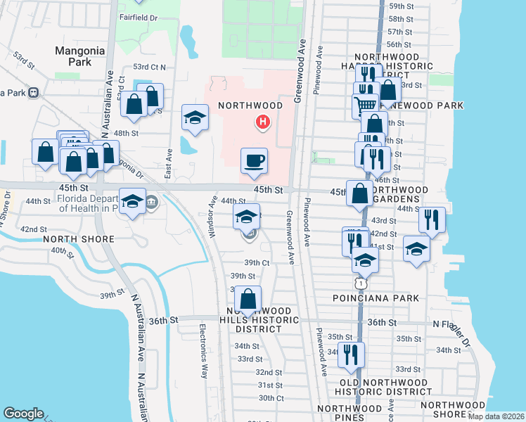 map of restaurants, bars, coffee shops, grocery stores, and more near 841 44th Street in West Palm Beach