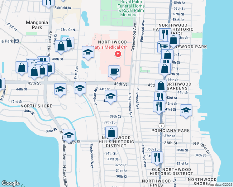 map of restaurants, bars, coffee shops, grocery stores, and more near 841 44th Street in West Palm Beach