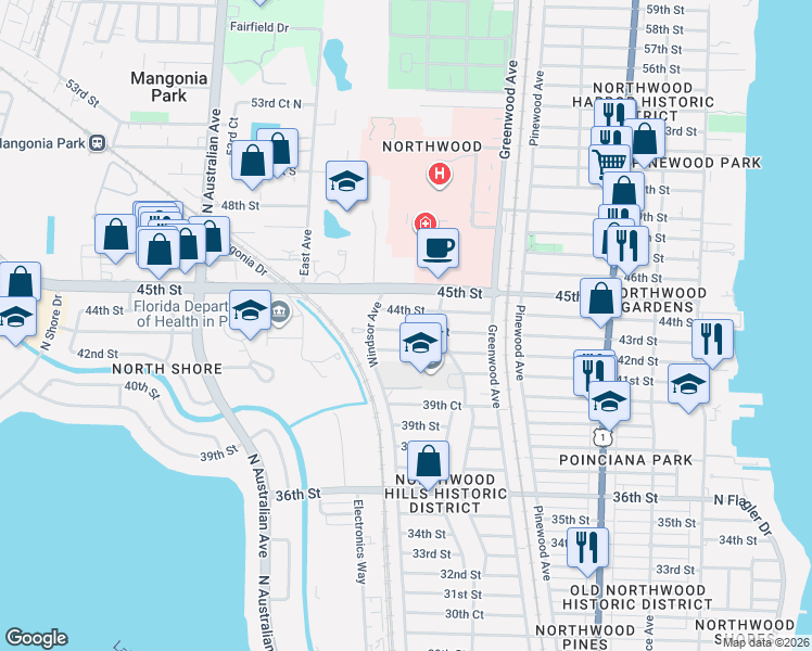 map of restaurants, bars, coffee shops, grocery stores, and more near 919 44th Street in West Palm Beach