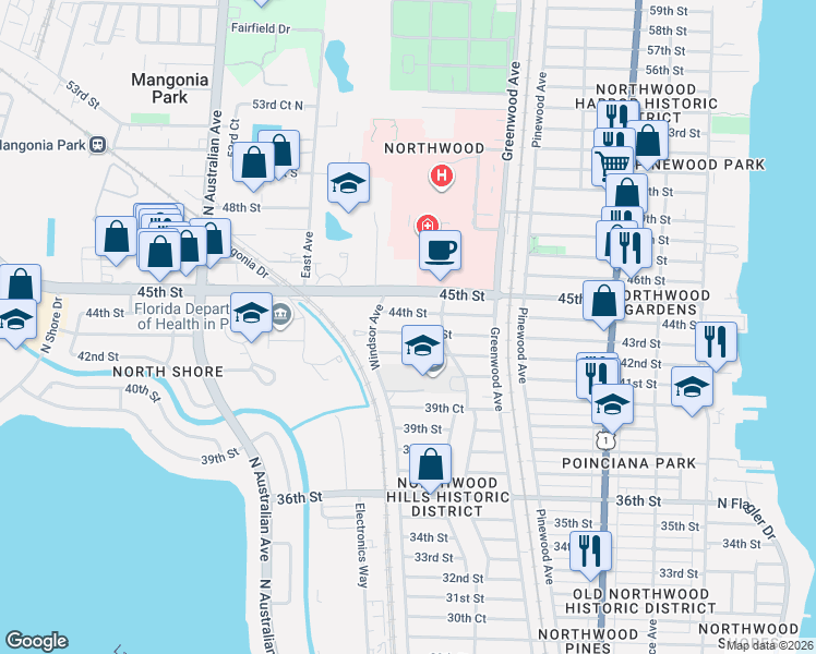 map of restaurants, bars, coffee shops, grocery stores, and more near 919 44th Street in West Palm Beach