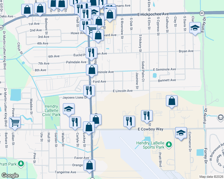 map of restaurants, bars, coffee shops, grocery stores, and more near 616 South Missouri Street in LaBelle