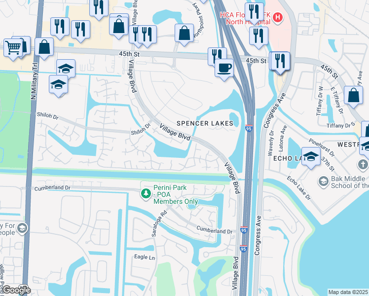 map of restaurants, bars, coffee shops, grocery stores, and more near 255 Charter Way in West Palm Beach