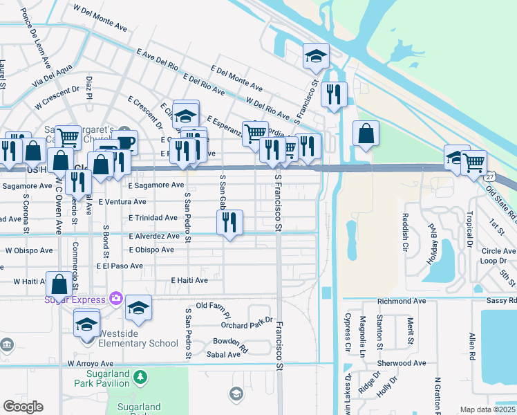 map of restaurants, bars, coffee shops, grocery stores, and more near 700 East Ventura Avenue in Clewiston