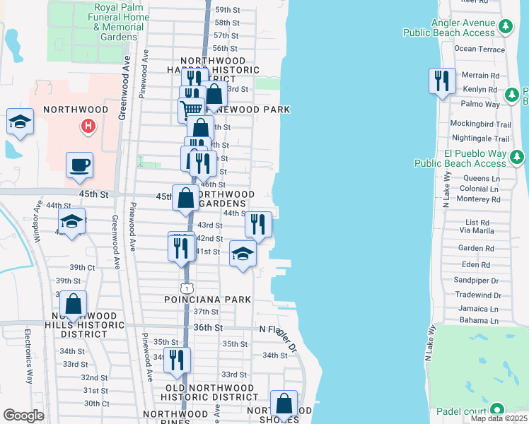 map of restaurants, bars, coffee shops, grocery stores, and more near in West Palm Beach