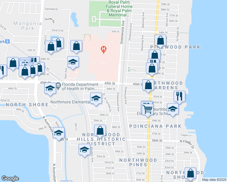 map of restaurants, bars, coffee shops, grocery stores, and more near 801 44th Street in West Palm Beach