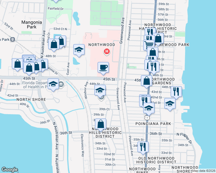 map of restaurants, bars, coffee shops, grocery stores, and more near 841 44th Street in West Palm Beach