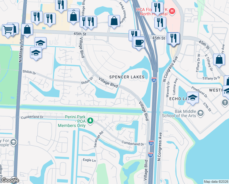 map of restaurants, bars, coffee shops, grocery stores, and more near 263 Charter Way in West Palm Beach