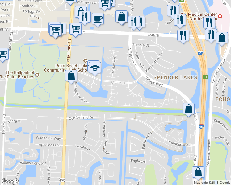 map of restaurants, bars, coffee shops, grocery stores, and more near 3001 30th Way in West Palm Beach