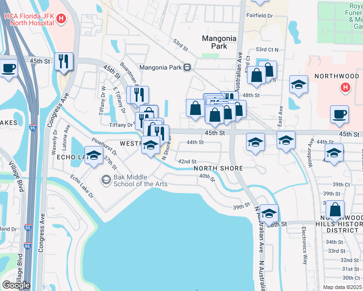 map of restaurants, bars, coffee shops, grocery stores, and more near 1655 44th Street in West Palm Beach