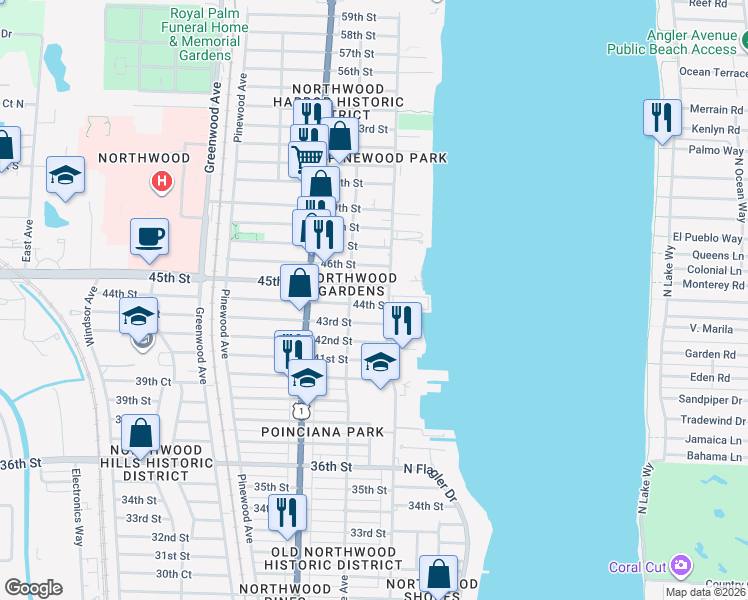 map of restaurants, bars, coffee shops, grocery stores, and more near 416 45th Street in West Palm Beach