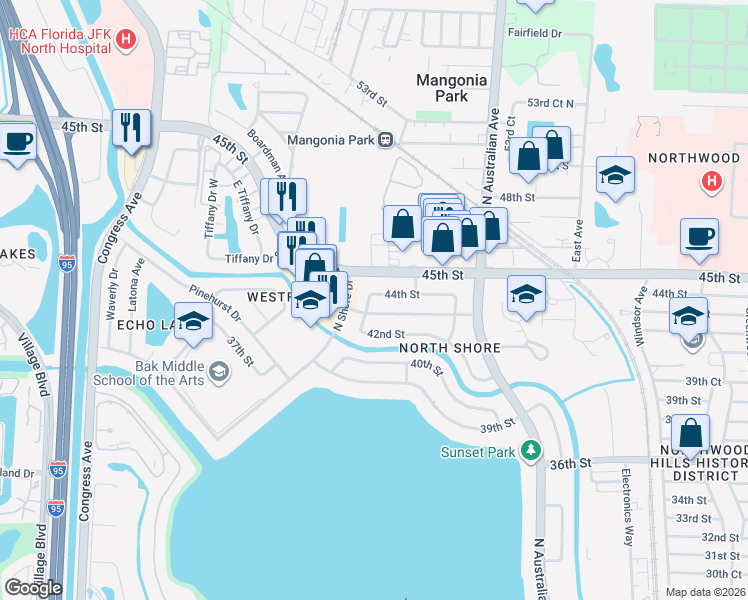 map of restaurants, bars, coffee shops, grocery stores, and more near 1655 44th Street in West Palm Beach