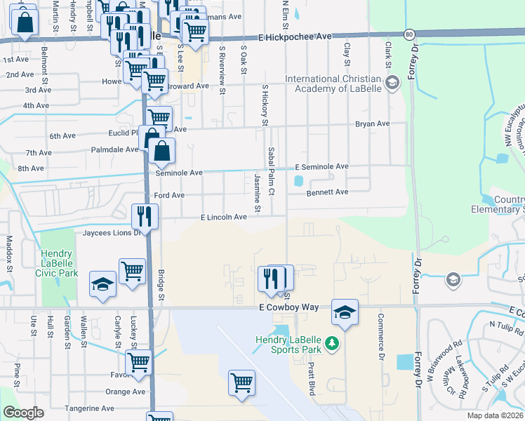 map of restaurants, bars, coffee shops, grocery stores, and more near 620 Sabal Palm Court in LaBelle
