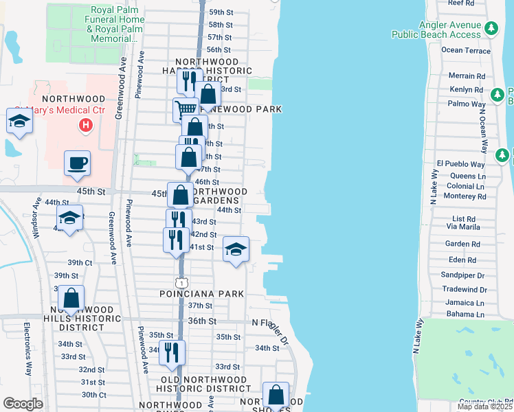 map of restaurants, bars, coffee shops, grocery stores, and more near 4500 North Flagler Drive in West Palm Beach