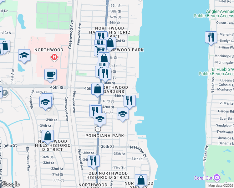 map of restaurants, bars, coffee shops, grocery stores, and more near 427 44th Street in West Palm Beach