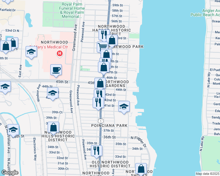 map of restaurants, bars, coffee shops, grocery stores, and more near 517 44th Street in West Palm Beach